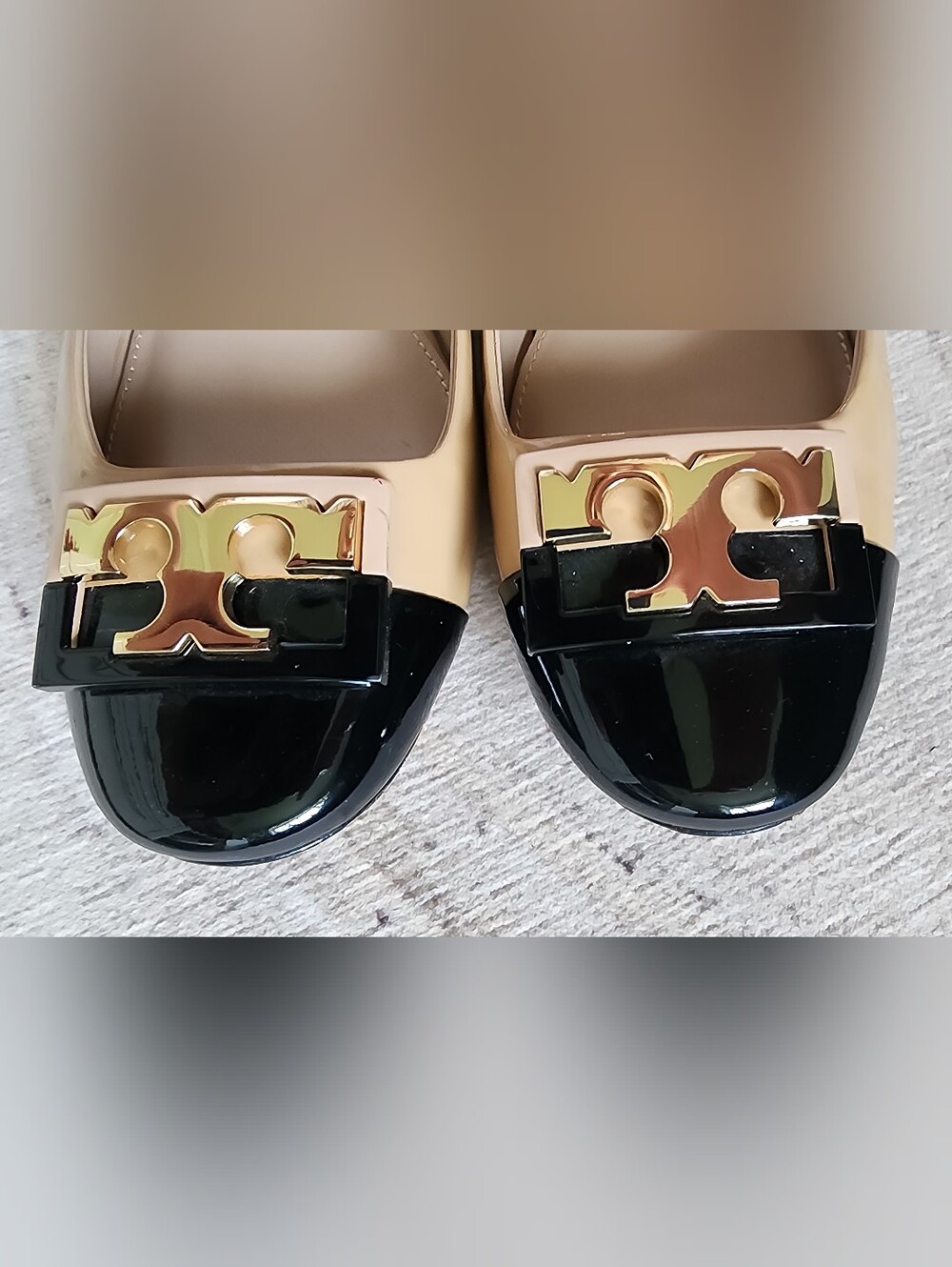 Two-Tone Beige and Black Cap-Toe Ballet Flats with Gold Accent - Picture 2 of 16